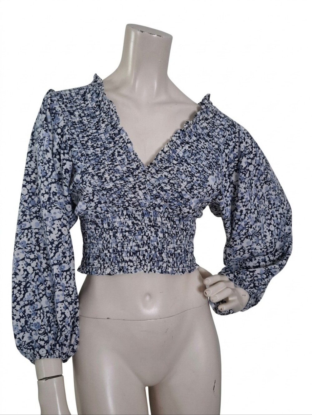 Abercrombie & Fitch Navy Blue Floral Puff-Sleeve Crop Top XS